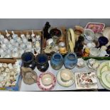 FOUR BOXES AND LOOSE CERAMICS ETC, to include crested wares, decorative bells, Masons 'Golden