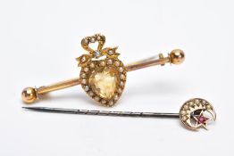 A 9CT GOLD STICK PIN AND A LATE VICTORIAN YELLOW METAL GEMSET BROOCH, the Edwardian stick pin in the