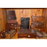 THIRTEEN WOODEN BOXES FOR RESTORATION OR SPARE PARTS, ETC, to include writing slopes, carved trinket