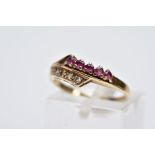 A 9CT GOLD RUBY AND DIAMOND RING,of a crossover design, set with a row of five circular cut rubies