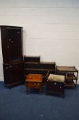 AN EDWARDIAN MAHOGANY PIANO STOOL, along with an oak open bookcase, a stag glazed corner cupboard,