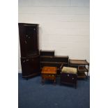 AN EDWARDIAN MAHOGANY PIANO STOOL, along with an oak open bookcase, a stag glazed corner cupboard,