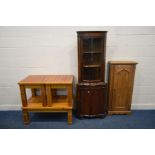 A CORONA PINE SINGLE DOOR CD CABINET, mahogany serpentine glazed corner cupboard (two keys) and