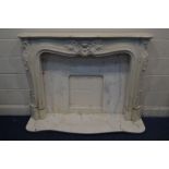 A CREAM RESIN/MARBLE FIRE SUROUND with foliate decoration, width 154cm x height 110cm with similar