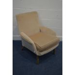 A PARKER KNOLL GAVOTTE CREAM UPHOLSTERED ARMCHAIR, on teak legs, stamped to underside pk934/5/6 (