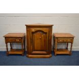 A MODERN CHERRYWOOD SINGLE DOOR CORNER UNIT (key), along with a pair of single drawer lamp tables (