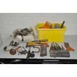 TWO TRAYS CONTAINING TOOLS AND HARDWARE including chisels and gouges, moulding and rebate planes,