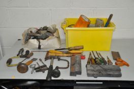 TWO TRAYS CONTAINING TOOLS AND HARDWARE including chisels and gouges, moulding and rebate planes,