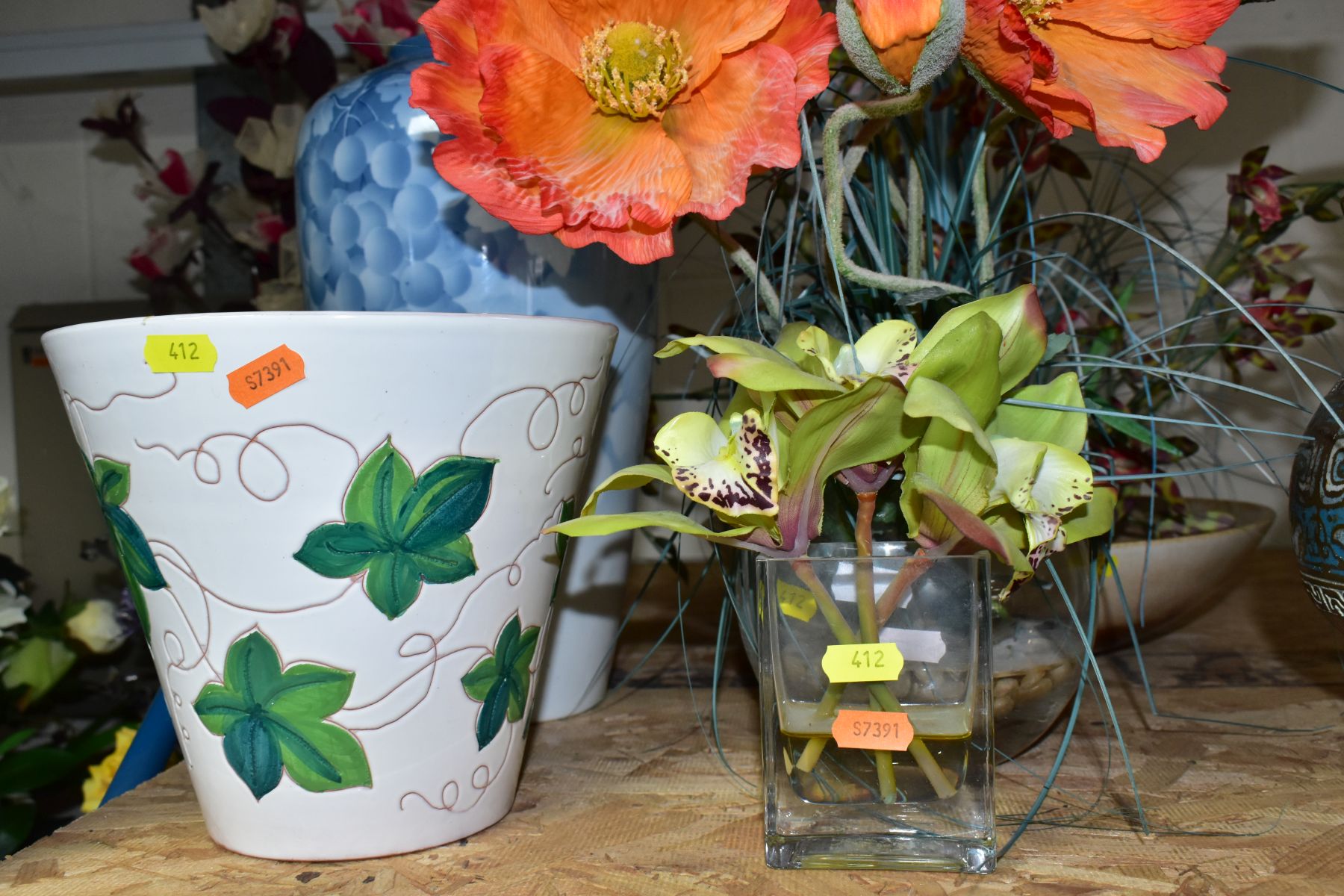 THREE ARTIFICAL FLOWER ARRANGEMENTS, AN EICHWALD PORCELAIN BALUSTER VASE AND A PLANT POT, the - Image 2 of 4