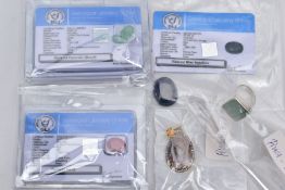 A SELECTION OF GEMSTONES AND JEWELLERY ITEMS, to include glass filled ruby earrings and a loose