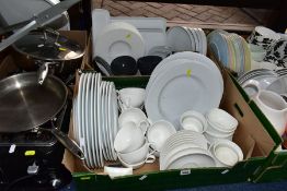 SEVEN BOXES AND LOOSE DINNER/COOKWARES ETC, to include Marks and Spencers black damask and pastels