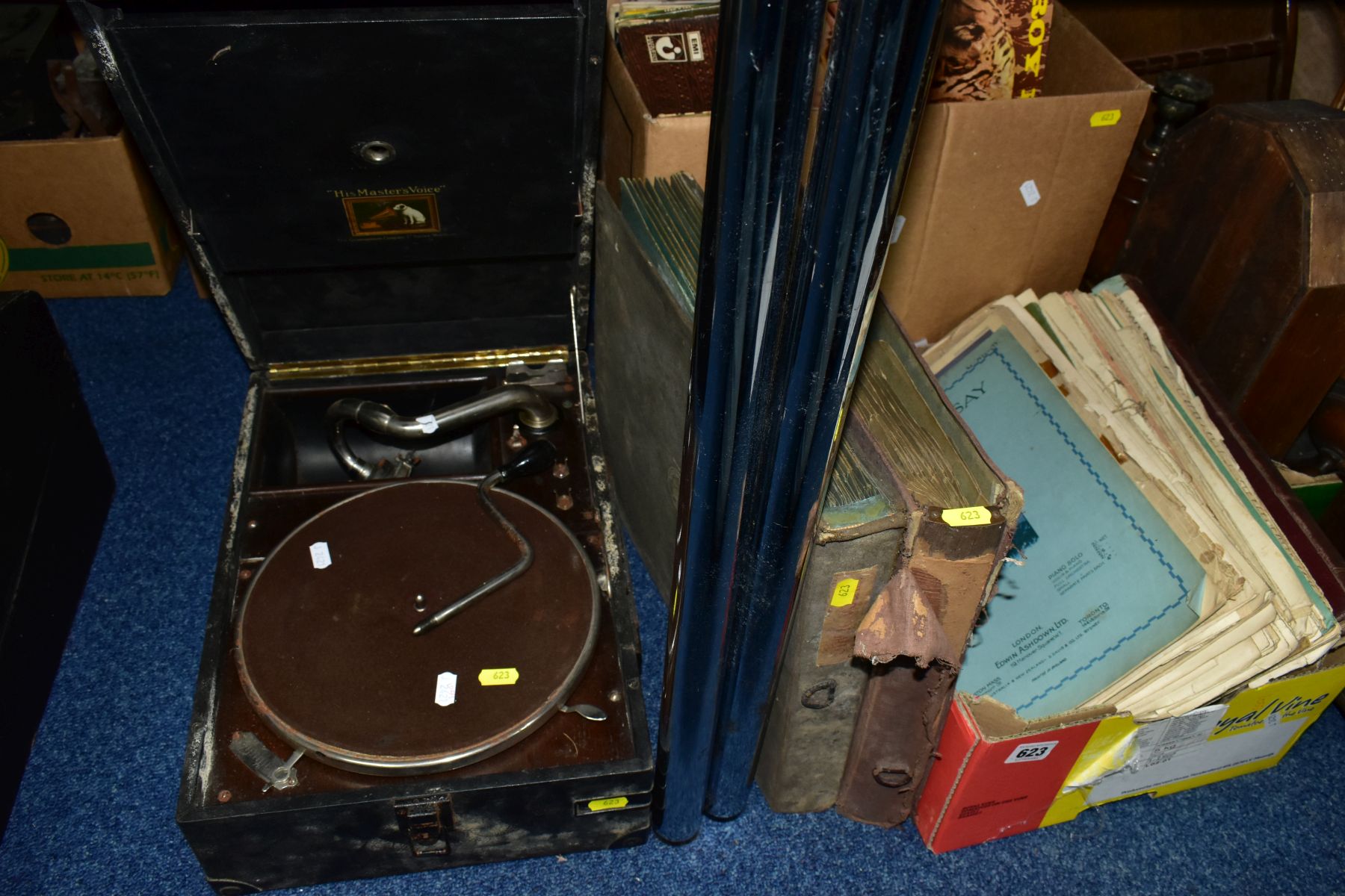 A CASED HIS MASTERS VOICE TABLE TOP GRAMAPHONE in black case along with two folders of 78's, a
