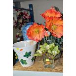 THREE ARTIFICAL FLOWER ARRANGEMENTS, AN EICHWALD PORCELAIN BALUSTER VASE AND A PLANT POT, the