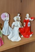 FOUR COALPORT LADY FIGURES, comprising 'Ladies of Fashion - Romany Dance', bears printed blue X to