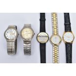 FIVE GENTS WRISTWATCHES, to include a Pierre Cardin watch with a detailed white dial signed '