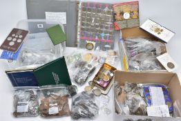 THREE BOXES OF COINS OF THE WORLD AND AN ALBUM OF MAINLY UK SHILLING COINS to include amounts of .