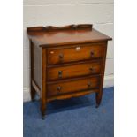 A SMALL 1940'S OAK CHEST OF THREE LONG DRAWERS, width 77cm x depth 42cm x height 85cm