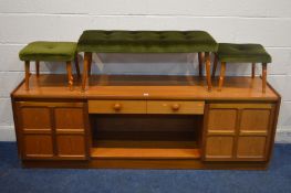 A LOW NATHAN TEAK SIDEBOARD, width 183cm x depth 45cm x height 62cm along with a set of three