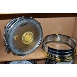 A VINTAGE ROGERS DYNASONIC 14 INCH X 5 INCH CHROMED SNARE DRUM, serial No. D07372 and a Rogers