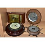 A SHORTLAND SMITH DESK BAROMETER/THERMOMETER AND THREE CIRCULAR FRAMED ANEROID BAROMETERS, including