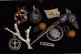 A BOX OF ASSORTED JEWELLERY, to include a silver pendant in the form of a coral branch, hallmarked