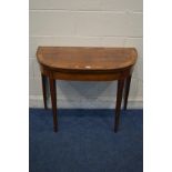 A REGENCY ROSEWOOD AND TULIPWOOD CROSSBANDED FOLD OVER TEA TABLE, box stinging to frieze, on