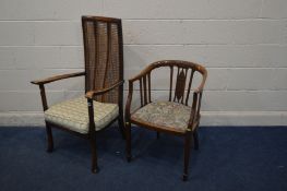 AN ARTS AND CRAFTS STYLE BEECH FRAMED BERGERE ARMCHAIR, with a high back, and seat cushion, and an