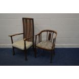 AN ARTS AND CRAFTS STYLE BEECH FRAMED BERGERE ARMCHAIR, with a high back, and seat cushion, and an