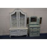 A WHITE PAINTED FRENCH DISPLAY CABINET, above double cupboard doors, width 133cm x 46cm x height