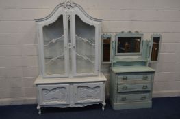 A WHITE PAINTED FRENCH DISPLAY CABINET, above double cupboard doors, width 133cm x 46cm x height