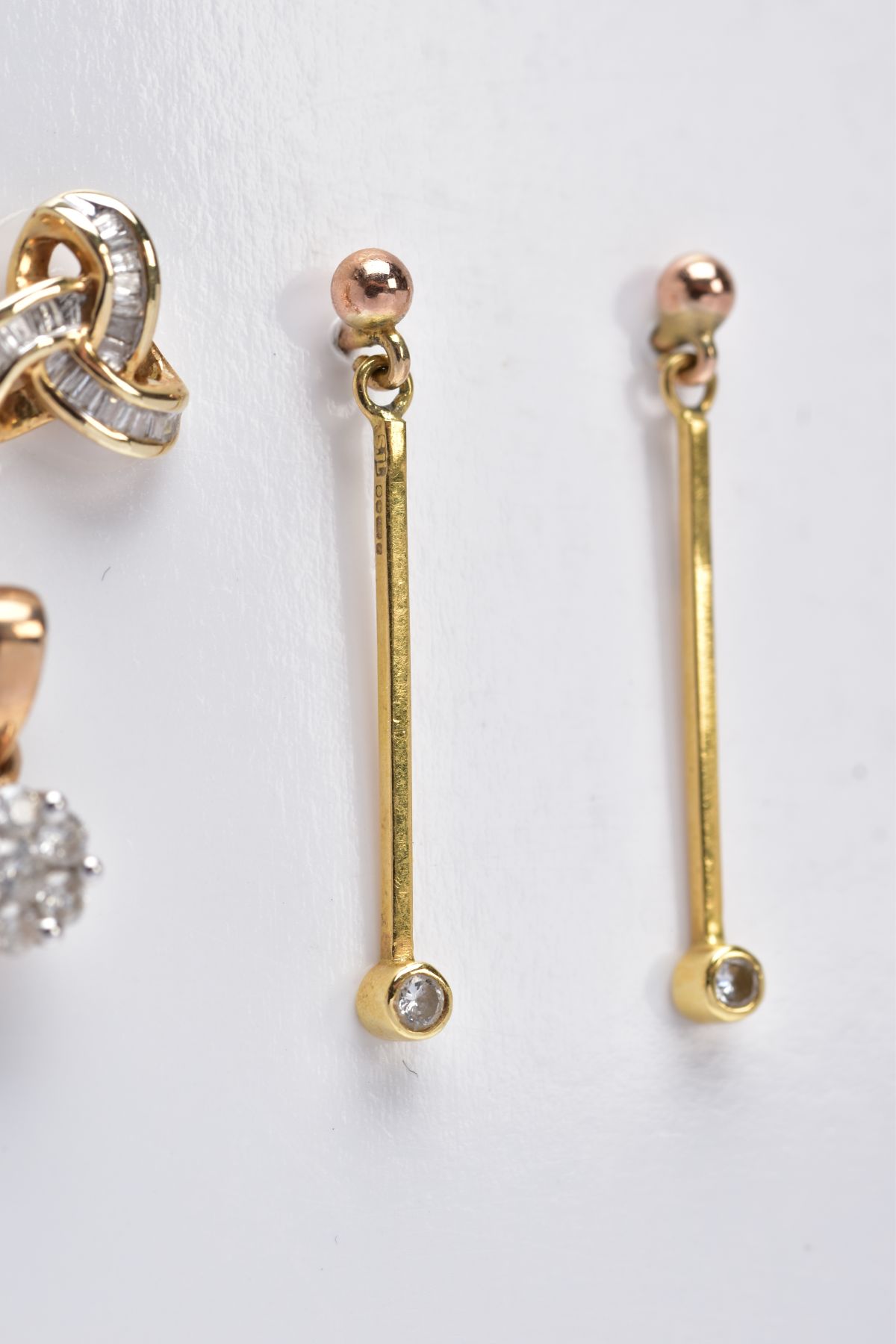 TWO PAIRS OF DIAMOND EARRINGS AND A DIAMOND PENDANT, to include a pair of yellow metal earrings each - Image 3 of 4