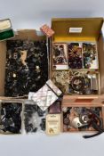 TWO BOXES OF ASSORTED ITEMS, to include a box of black carved cameo pieces, beads and broken