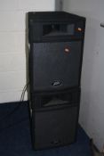 A PAIR OF PEAVEY PRO-12 TRAPEZOIDAL PA SPEAKERS with 1x12ins speaker and horn, 4 ohm 500w Program (
