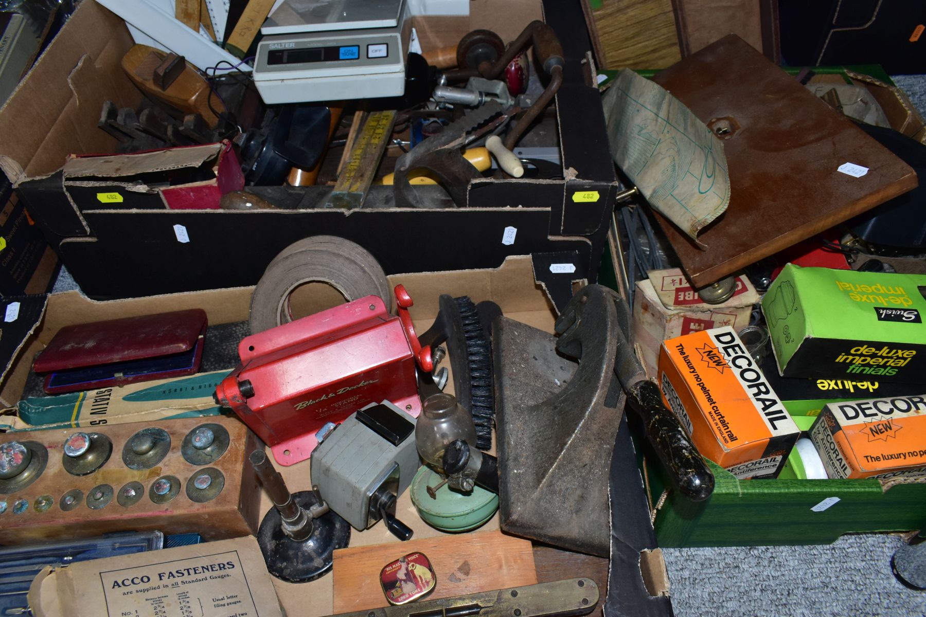 THREE BOXES OF TOOLS, SCIENTIFIC INSTRUMENTS, etc, including an incomplete set of cased weights, HMV