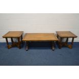 A PAIR OF SQUARE HARDWOOD OCCASIONAL TABLES, on a cross stretchered base, 65cm squared x height 58cm