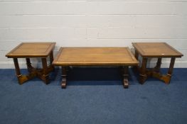 A PAIR OF SQUARE HARDWOOD OCCASIONAL TABLES, on a cross stretchered base, 65cm squared x height 58cm