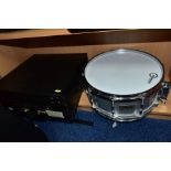 A PEARL ALUMINIUM SHELL,14 INCH X 6 INCH FREE FLOATING SNARE DRUM, serial No 860152 in a fibre case