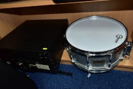 A PEARL ALUMINIUM SHELL,14 INCH X 6 INCH FREE FLOATING SNARE DRUM, serial No 860152 in a fibre case