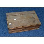 A PINE TEACHER'S WHISKY BOX, some damage and wear, size approximately 43cm long, 26cm wide, 11.5cm