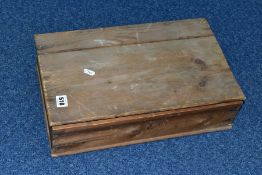 A PINE TEACHER'S WHISKY BOX, some damage and wear, size approximately 43cm long, 26cm wide, 11.5cm