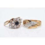 TWO 9CT GOLD GEMSET RINGS, to include a blue sapphire and colourless stone cluster ring of a