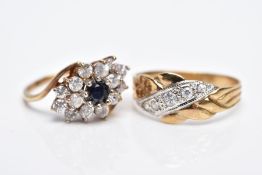 TWO 9CT GOLD GEMSET RINGS, to include a blue sapphire and colourless stone cluster ring of a