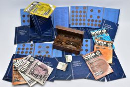 WHITMAN FOLDERS 36 WITH FIVE CONTAINING COPPER COINAGE FROM CIRCULATION, to include a wooden box