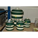 CLOVERLEAF KITCHEN STORAGE JARS, comprising tea, coffee, sugar and bread bin, (bin lid damaged/