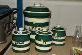 CLOVERLEAF KITCHEN STORAGE JARS, comprising tea, coffee, sugar and bread bin, (bin lid damaged/