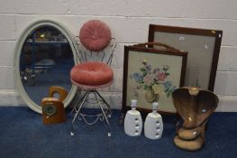 TWO NEEDLEWORK FIRESCREENS, a metal swivel dressing stool, a decorative wooden cobra, painted oval