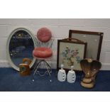 TWO NEEDLEWORK FIRESCREENS, a metal swivel dressing stool, a decorative wooden cobra, painted oval