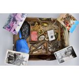 AN ASSORTED BOX OF ITEMS, to include a silver and blue guilloche enamelled handheld mirror