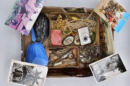 AN ASSORTED BOX OF ITEMS, to include a silver and blue guilloche enamelled handheld mirror