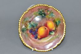 A ROYAL WORCESTER FRUIT STUDY TEA PLATE, silver shape with gilt rim, painted with pears and
